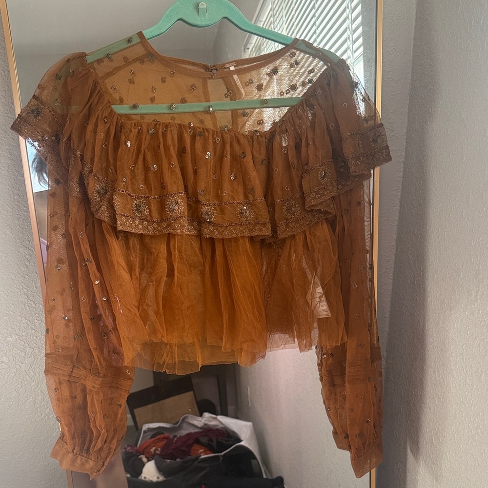 Free People Women's Ruffled Sheer Blouse in Burnt Orange